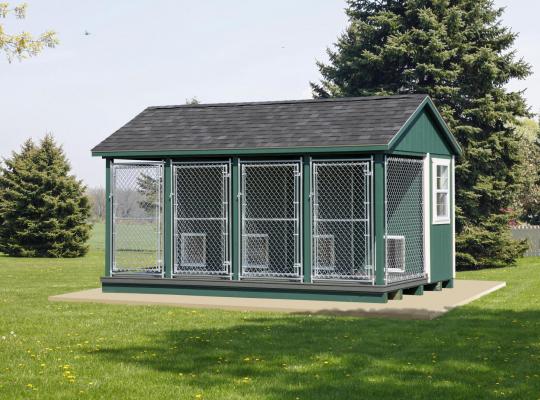 how much does a dog kennel cost? for a green and white trimmed dog kennel with an attached run and shingle roof