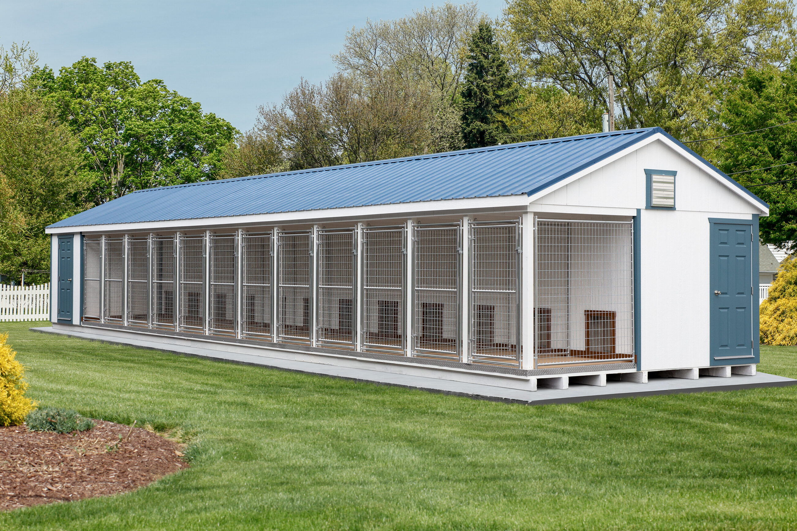 blue and white commercial dog kennel