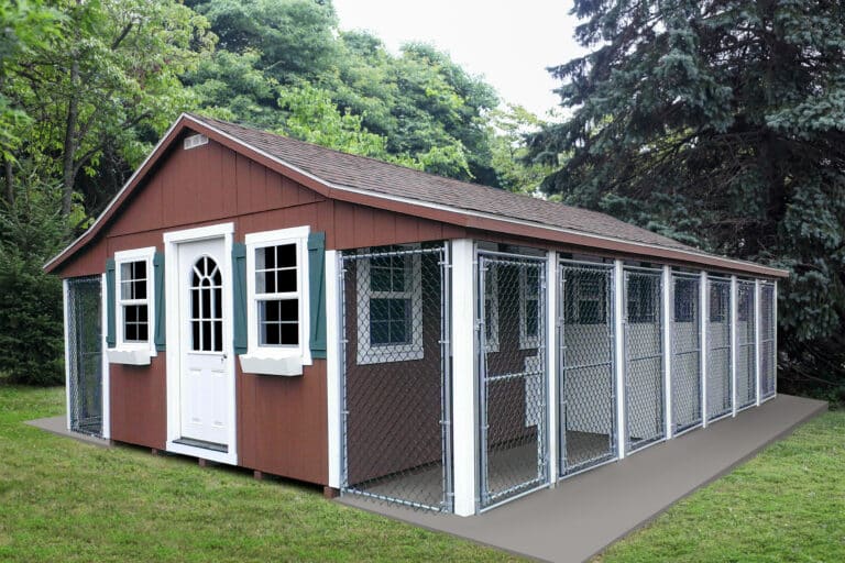 brown luxury dog kennels for sale in Tacoma WA with white side door outdoor runs and multiple windows
