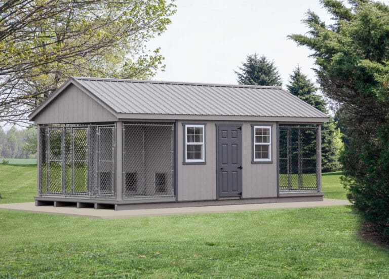 gray commercial dog kennels for sale in Cheyenne WY with dark gray door and two outdoor runs