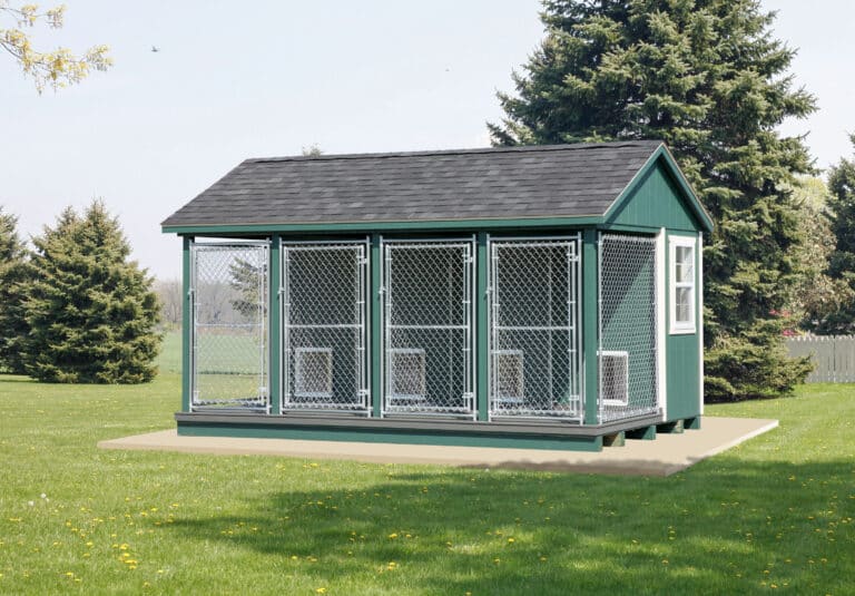 dark green dog kennels for sale in West Jordan UT with white trim and four outdoor runs