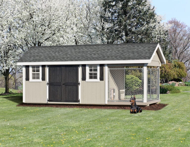 light gray dog kennels for sale in Salt Lake City UT with a black front door and white trim