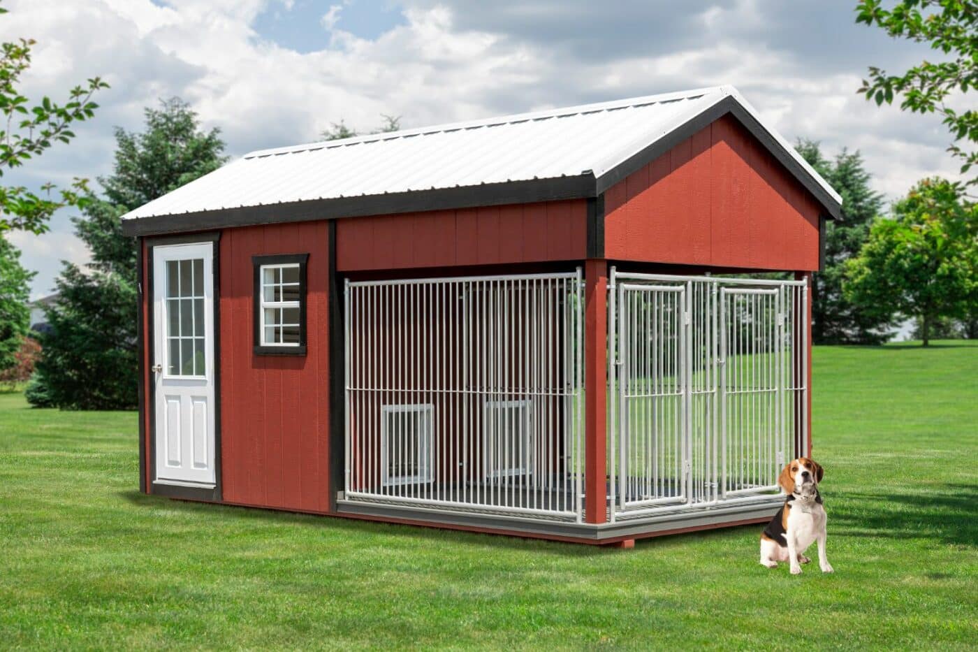 red dog with white roof and door with beagle sitting outside of it in the grass