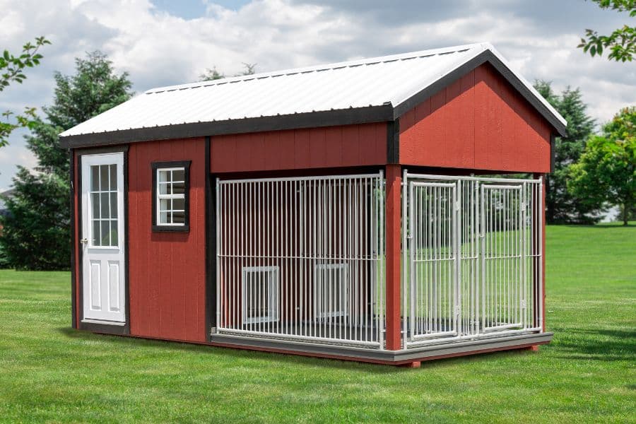 red residential dog kennels for sale in Rocklin CA with black trim and a white roof