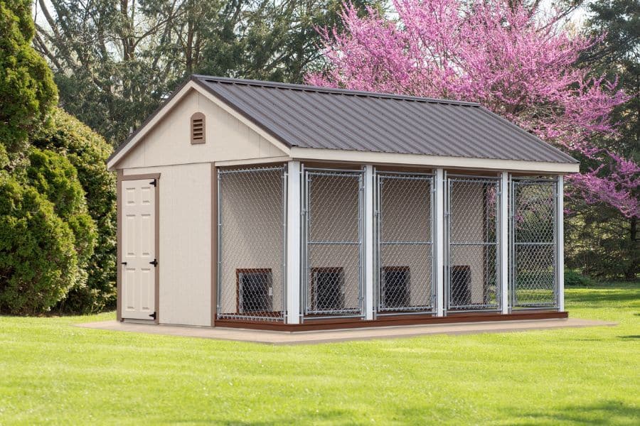tan commercial dog kennels for sale in Salt Lake City UT with 4 outdoor runs and a darker tan trim