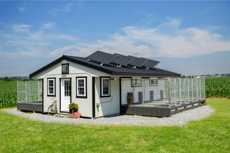 14x26 tan and black trimmed commercial dog kennel with black metal roofing and solar panels