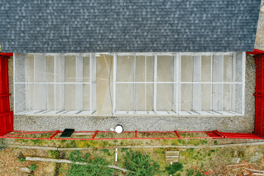 aerial view of outdoor runs attached to dog boarding kennel