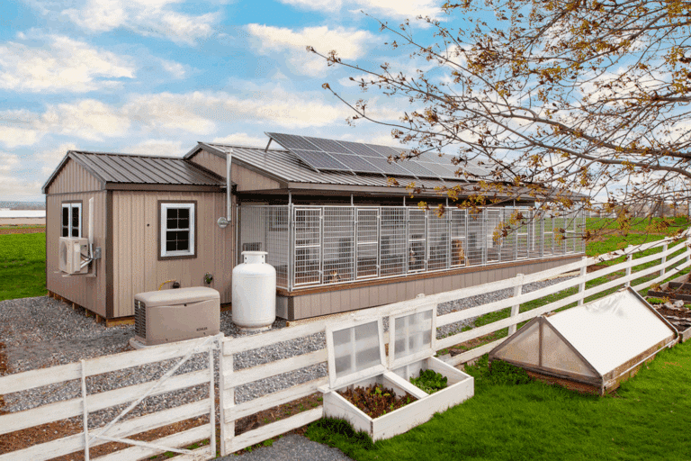 beige commercial dog kennel in north carolina with solar panels