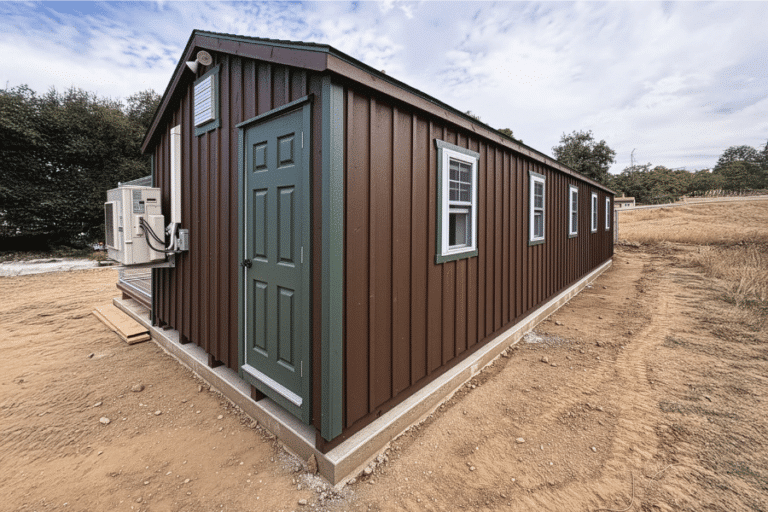 brown and green trimmed 12x42 dog kennel with green side entry door and ac unit
