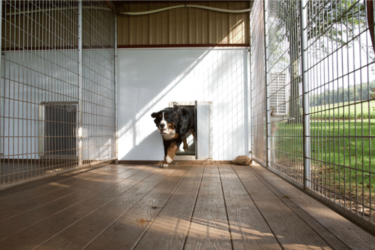 dog coming out of indoor kennel through dog door into outdoor run