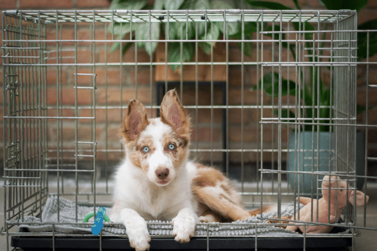 dog inside crate with comfortable bedding and toys