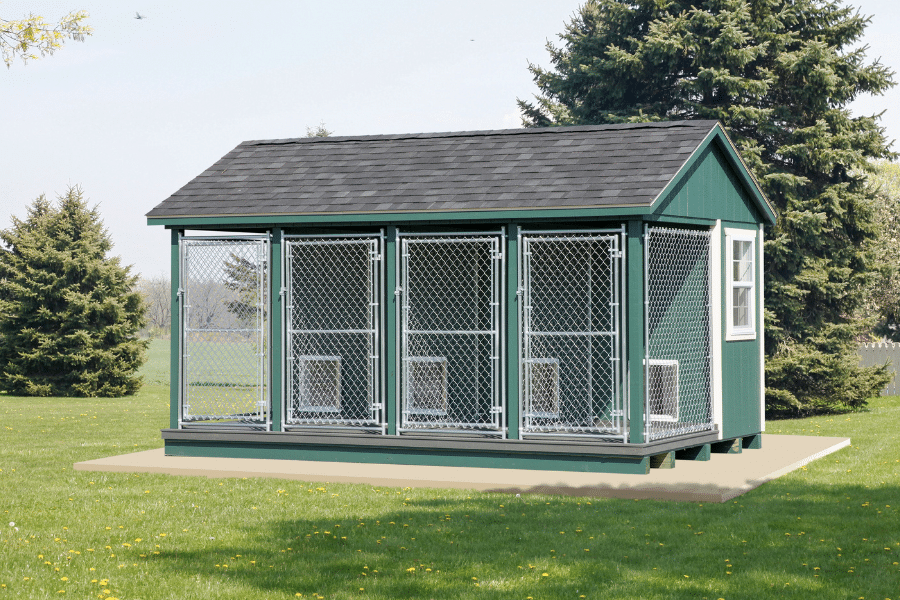 green and white trimmed dog kennel with four outdoor runs and gray shingle roofing