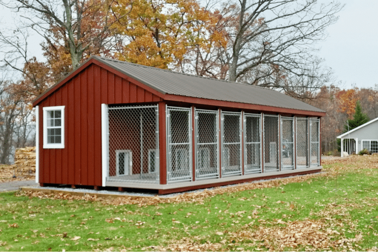 red and white trimmed commercial dog kennel in backyard behind home