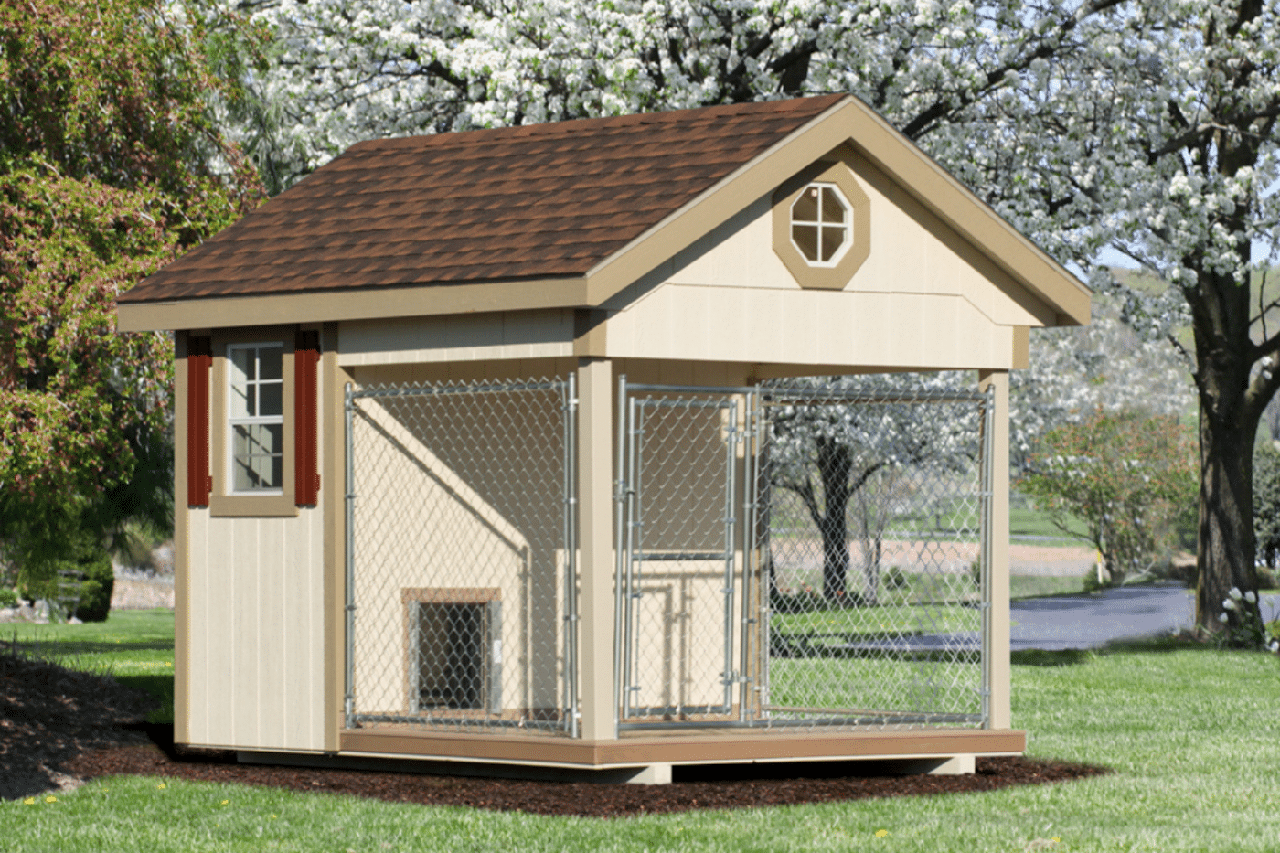 beige residential kennel with dog kennel accessories