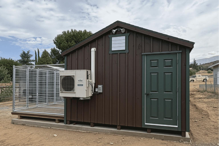 side of brown 12x42 dog kennel with green trim and side door and ac unit and 8 runs