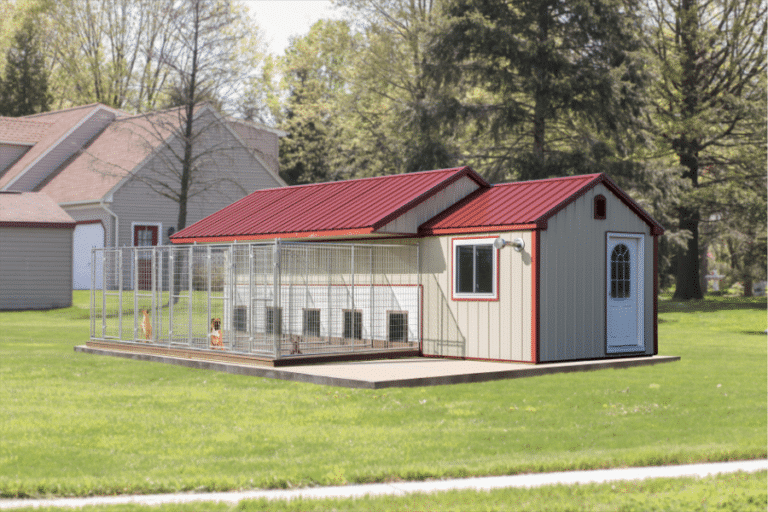 tan and red trimmed commercial dog kennel with exterior runs