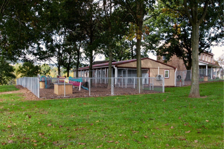 tan and red trimmed dog boarding kennel with fenced in playground area