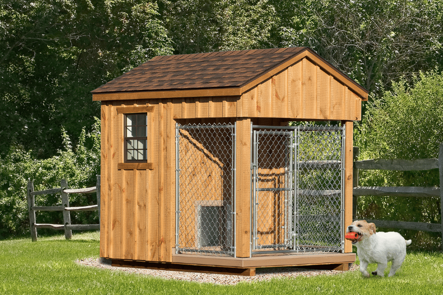wooden dog kennel with an attached run and shingle roof with dog running around in front of it with toy